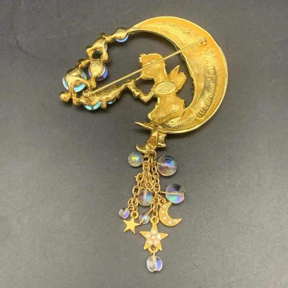 Vintage Kirks Folly Pipedream Fairy Moon Bubbles Charm Rhinestone Pin Brooch